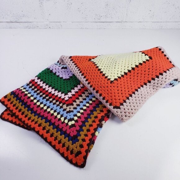 Handmade Other - Vintage Multicolor Granny Square Knit Crocheted Afghan Throw Bedspread 68" x 83"
